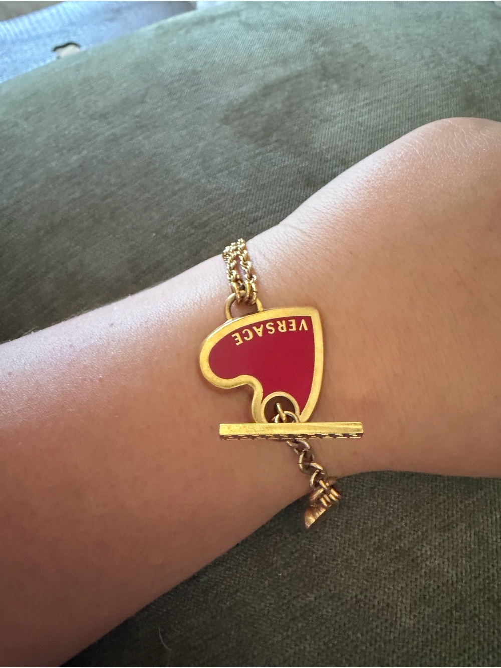 Versace Gold Chain Bracelet with Red Heart Toggle Charm